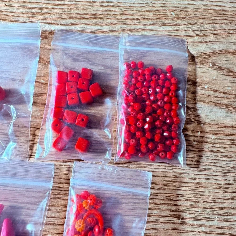 Lot of 5 Red Plastic Beads Various Shapes Sizes Faceted Square Floral Crafts